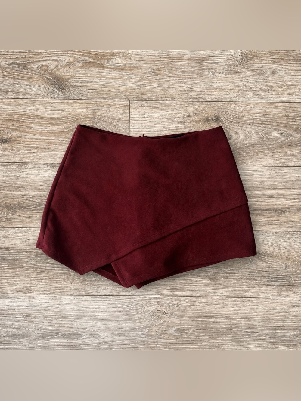 Solemio LA Burgundy Faux Suede Asymmetrical Wrap Mini Skort Fall Boho Chic